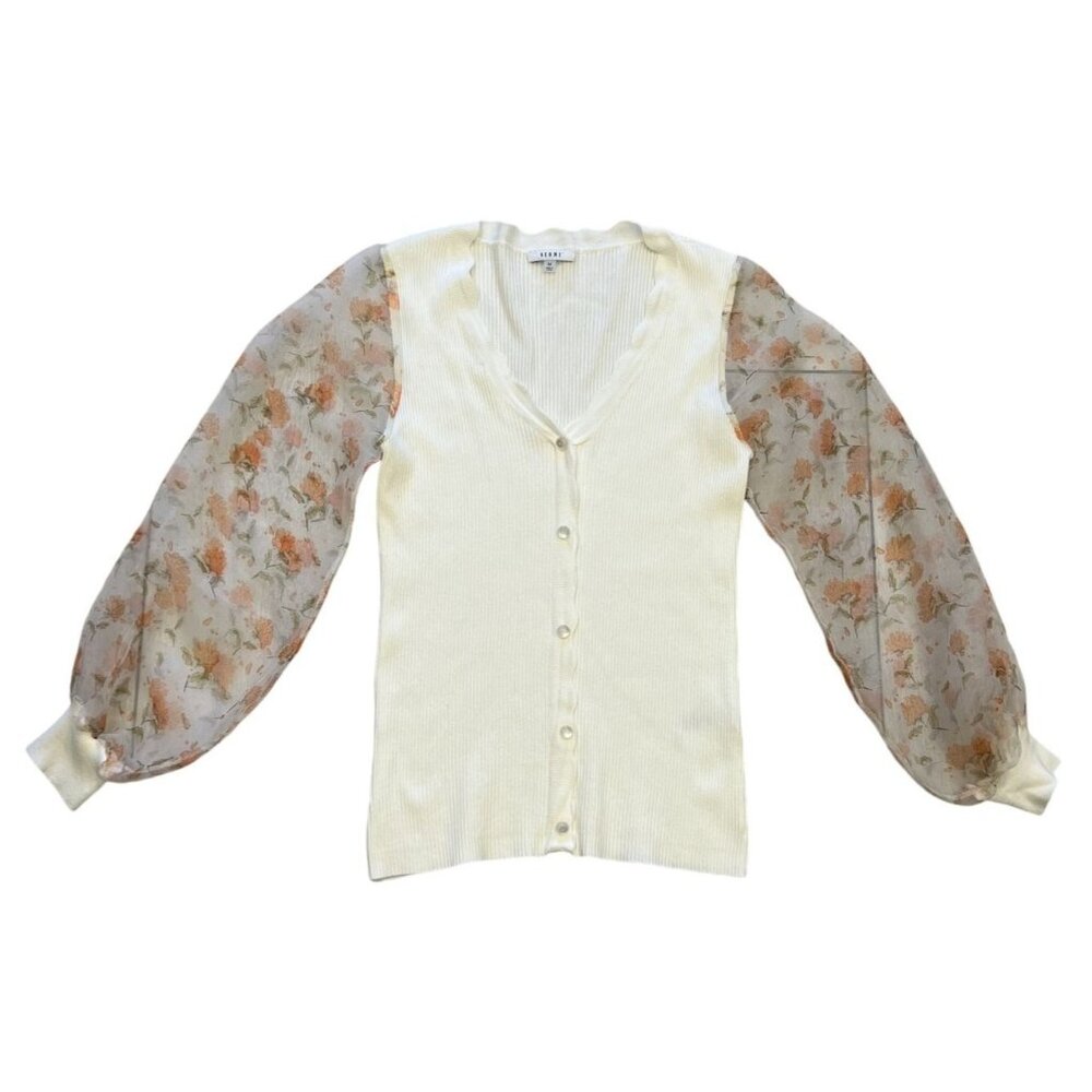 Sioni Womens Medium White Cardigan With Sheer Floral Sleeves Feminine Buttons GU